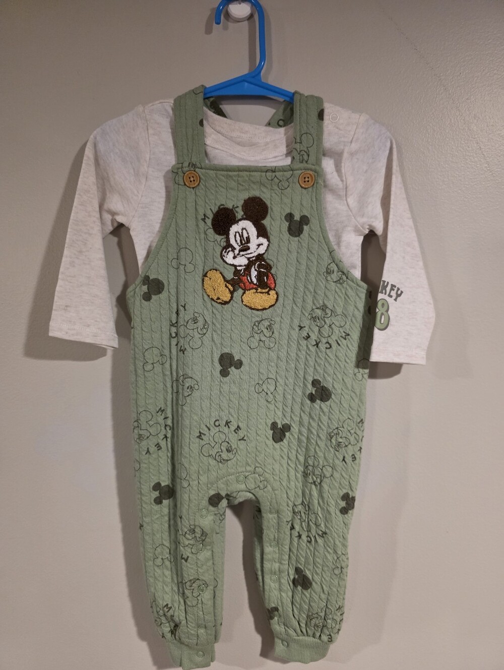 Disney Baby Green Mickey Mouse Quilted Overalls with Cream Tee